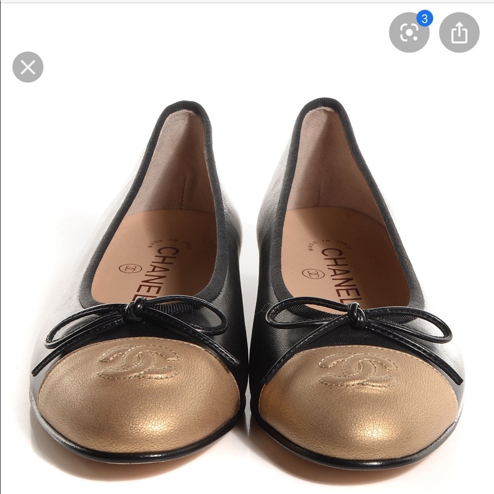 Chanel Black Gold Capped Ballet Flats